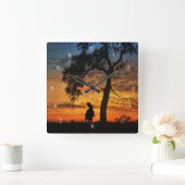 カントリーウエスタンカウボーイとオークツリーロープ スクエア壁時計 (ホーム)