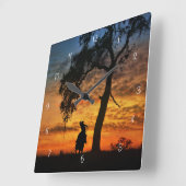 カントリーウエスタンカウボーイとオークツリーロープ スクエア壁時計 (傾斜)