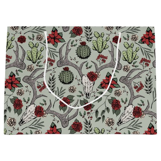 カントリーウエスタンクリスマスフローラトナカイスカル ラージペーパーバッグ (正面)