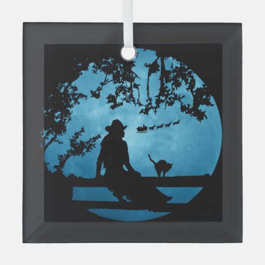 カントリーウエスタンクリスマス女性のカーボーイとサンタおもしろい ガラスオーナメント (正面)