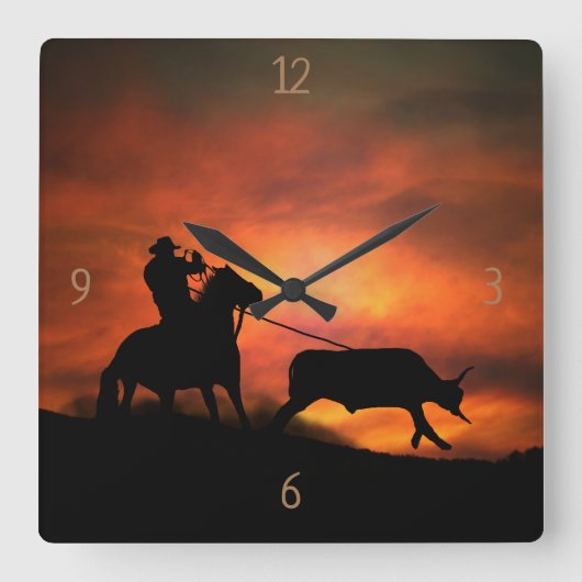 カントリーウエスタンステアローピンロングホーンカウボーイ スクエア壁時計 (正面)