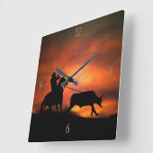 カントリーウエスタンステアローピンロングホーンカウボーイ スクエア壁時計 (傾斜)