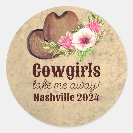 カントリーウエスタンピンクフローラ女性のカーボーイ ラウンドシール (正面)