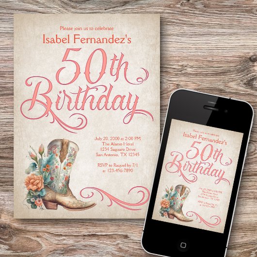 カントリーウエスタンブーツ50誕生日 招待状
