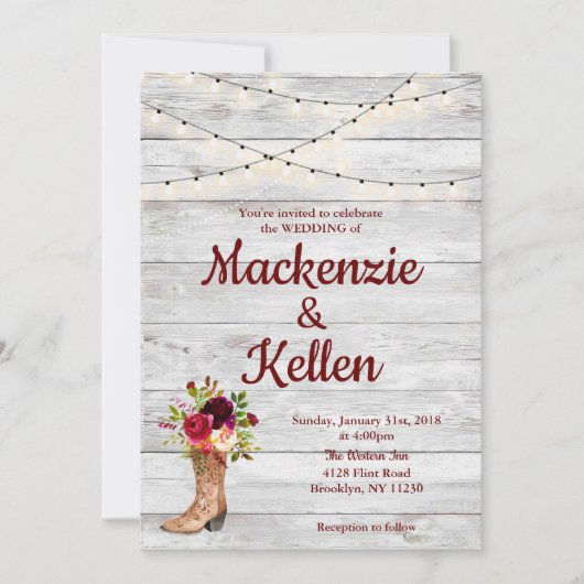 カントリーウエスタンブートボホ素朴マルサラ結婚ズ 招待状 (正面)