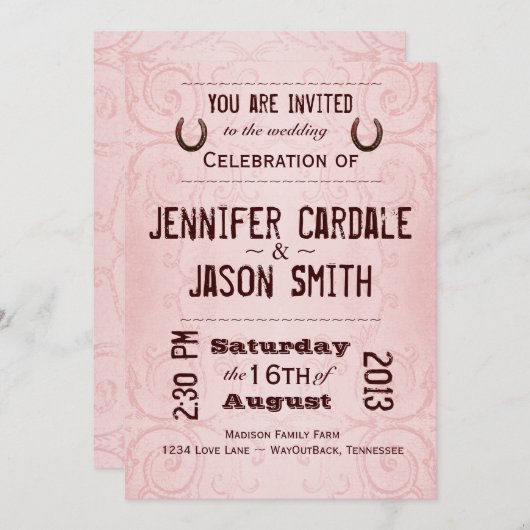 カントリーウエスタンホースシューピンク結婚式招待状 招待状 (正面/裏面)