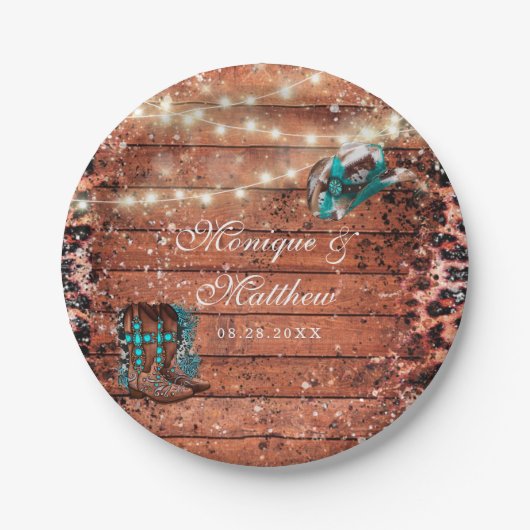 カントリーウエスタンライトブーツハット結婚ズ ペーパープレート (正面)