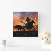 カントリーウエスタンローピングカウボーイアンドホース スクエア壁時計 (ホーム)