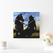 カントリーウエスタン女性のカーボーイアンドホース スクエア壁時計 (ホーム)