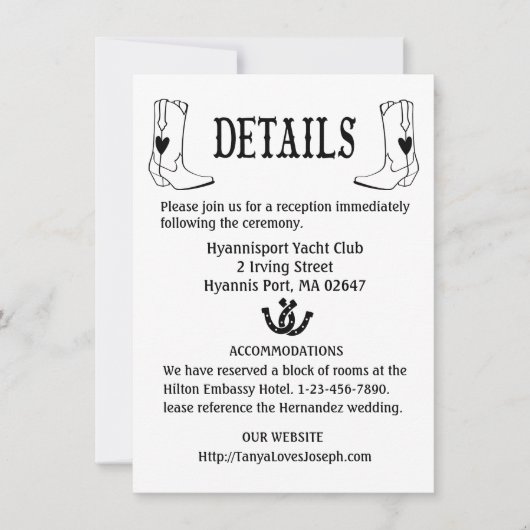 カントリーウエディング詳細ズカウボーイブーツウェスタンブラック 招待状 (正面)