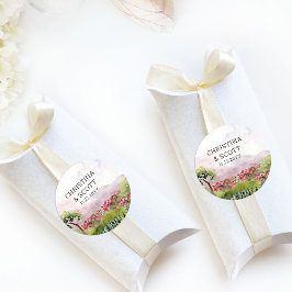 カントリーウエディング ピンクの花の草原 ラウンドシール