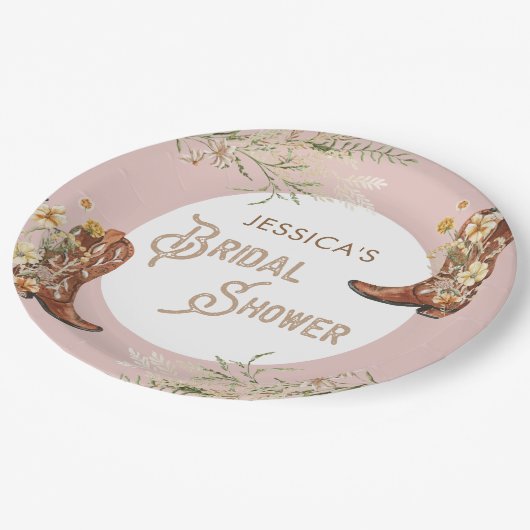カントリーウォーターカラーフローラブーツブライダルシャワー ペーパープレート (アングル)