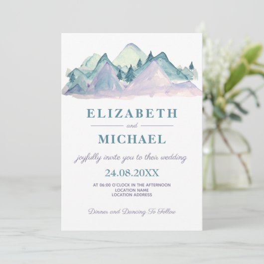 カントリーウォーターカラーブルーマウンテン結婚写真ズ 招待状 (スタンド正面)