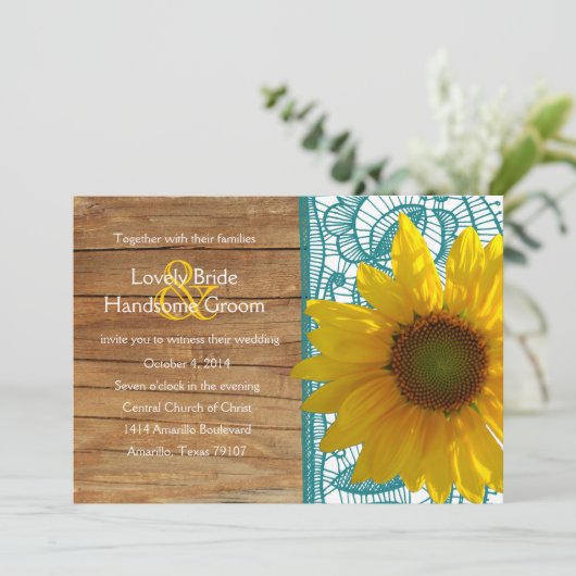 カントリーウッドサンフラワーティール(緑がかった色)レース結婚式の招待 招待状 (スタンド正面)