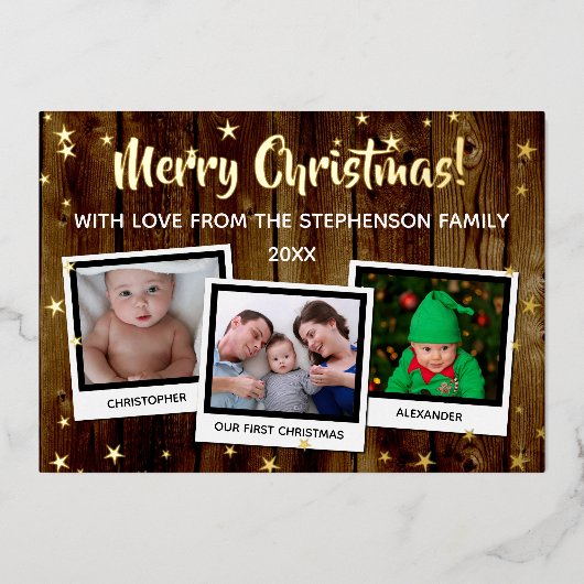 カントリーウッドスターズメリークリスマスファミリー3写真 箔シーズンカード (正面)