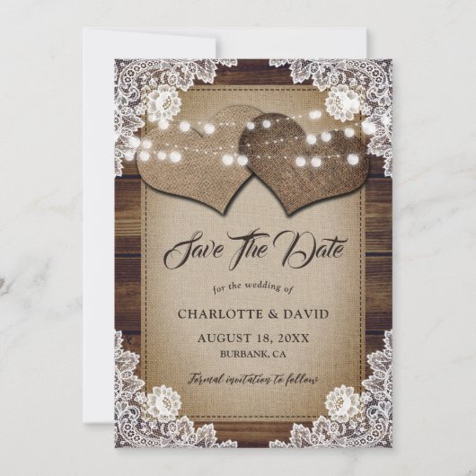 カントリーウッドストリングライツバーラップレース結婚ズ セーブザデート (正面)