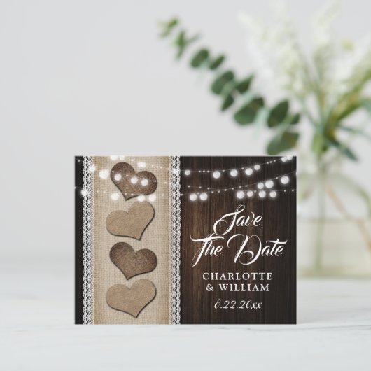 カントリーウッドバーラップレースのストリングライト結婚ズ 案内ポストカード (スタンド正面)