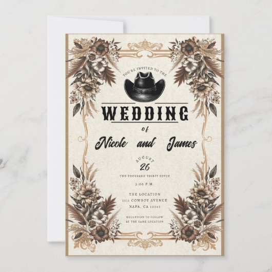 カントリーエレガントウエスタンカウボーイハットフローラズ結婚 招待状 (正面)