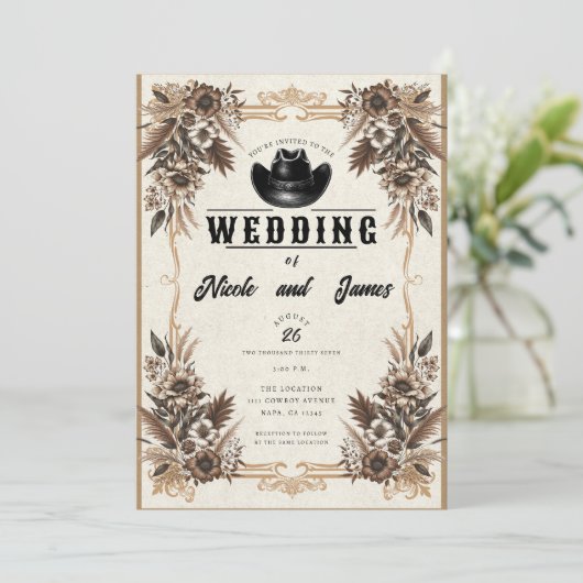 カントリーエレガントウエスタンカウボーイハットフローラズ結婚 招待状 (スタンド正面)