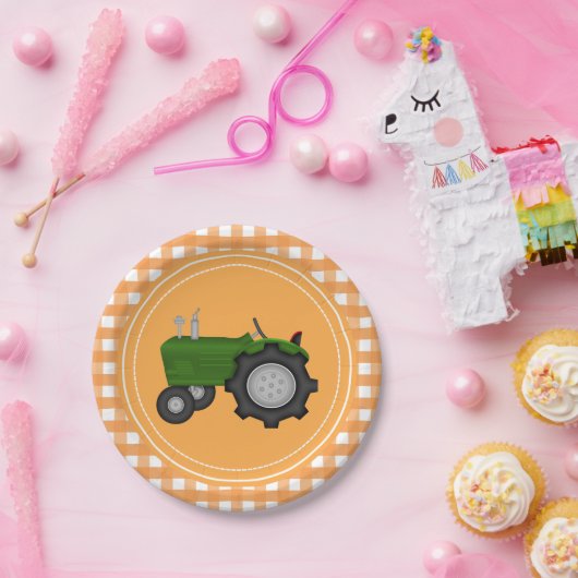 カントリーオレンジギンガムトラクターパーティープレート ペーパープレート (パーティー)