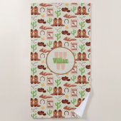 カントリーカウボーイブーツスティックホースデザートウェスタン ビーチタオル (正面)