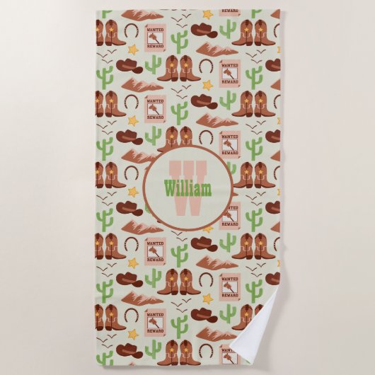 カントリーカウボーイブーツスティックホースデザートウェスタン ビーチタオル (正面)