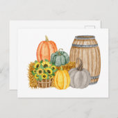 カントリーカボチャの収穫 – ひまわりの花とバレル ポストカード (正面/裏面)