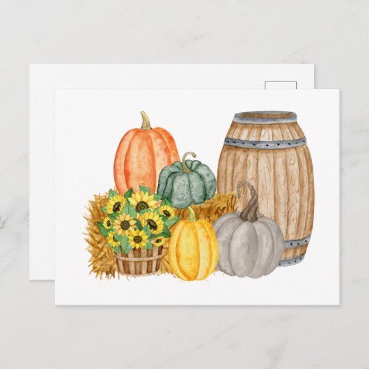 カントリーカボチャの収穫 – ひまわりの花とバレル ポストカード (正面/裏面)