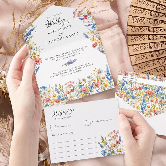 カントリーカラフルワイルドフラワー結婚フローラ オールインワン招待状