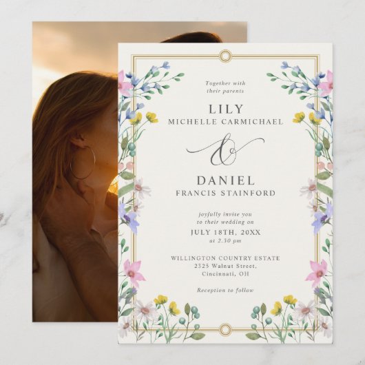 カントリーガーデンの野の花の花の写真の結婚式 招待状 (正面/裏面)