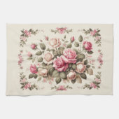 カントリーガーデンピンクのバラのクリームの背景 キッチンタオル (横)