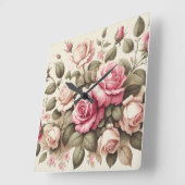 カントリーガーデンピンクのバラのクリームの背景 スクエア壁時計 (傾斜)
