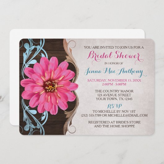 カントリーガールピンク《植物》百日草ブライダルシャワー招待状 招待状 (正面/裏面)