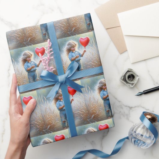 カントリーガール赤いハートバルーン ラッピングペーパー (ギフト)