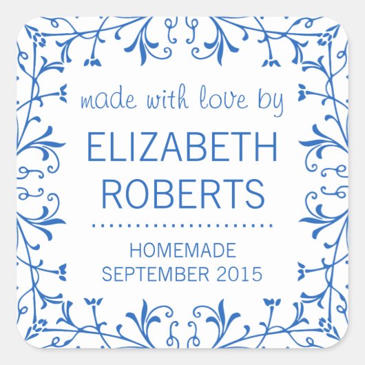カントリーキッチンブルーと白の缶詰ラベル スクエアシール (正面)