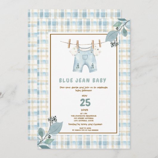 カントリーギンガムブルージャンベビーシャワー招待状 招待状 (正面/裏面)