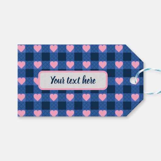 カントリーギンガムブルーピンクハートパターン ギフトタグ (正面(横))
