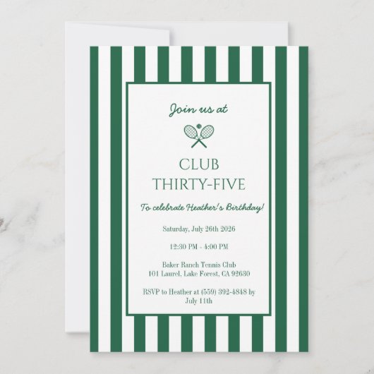 カントリークラブテニスバースデーパーティーグリーンストライプ 招待状 (正面)