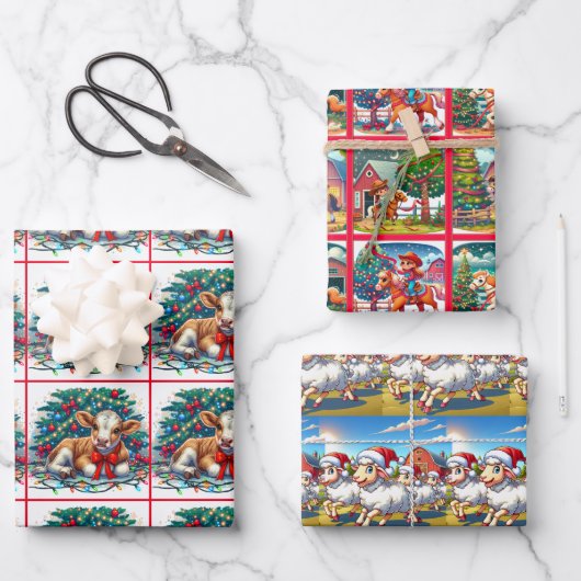 カントリークリスマスキッズウマカーフと羊 ラッピングペーパーシート (正面)