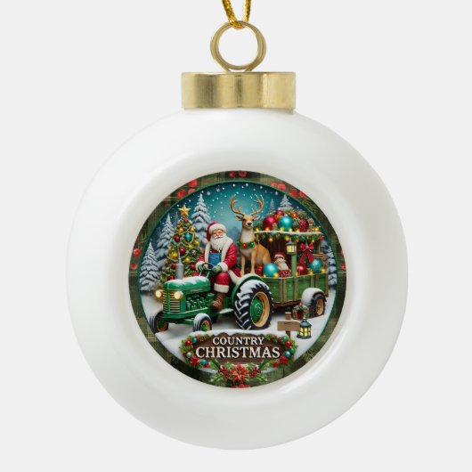 カントリークリスマスサンタとホリデーデコレーション セラミックボールオーナメント (正面)