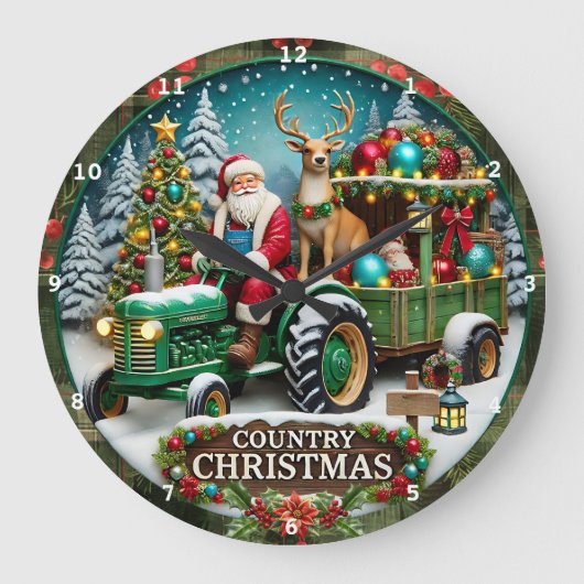 カントリークリスマスサンタとホリデーデコレーション ラージ壁時計 (正面)
