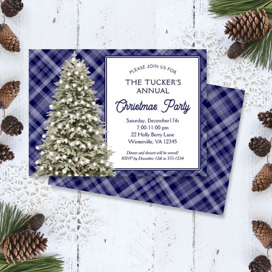 カントリークリスマスツリーブループレイドクリスマスパーティー 招待状