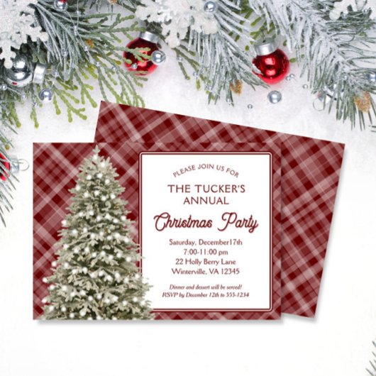 カントリークリスマスツリーレッドプレイドクリスマスパーティー 招待状