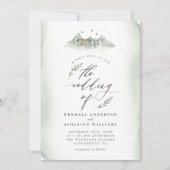 カントリーグリーン葉ウォーターカラー結婚&マウンテン 招待状 (正面)