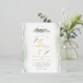 カントリーグリーン葉ウォーターカラー結婚&マウンテン 箔招待状ポストカード (立ち正面)