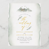 カントリーグリーン葉ウォーターカラー結婚&マウンテン 箔招待状ポストカード (正面)