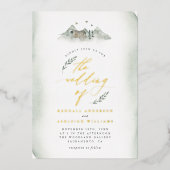カントリーグリーン葉ウォーターカラー結婚&マウンテン 箔招待状 (正面)