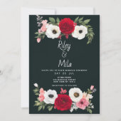 カントリーグリーン赤い白いバラのフローラ結婚 招待状 (正面)