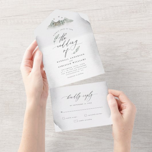 カントリーグレイ葉ウォーターカラー&マウンテン結婚ズ オールインワン招待状 (貼ってはがせる)