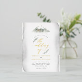 カントリーグレイ葉ウォーターカラー&マウンテン結婚ズ 箔招待状ポストカード (立ち正面)